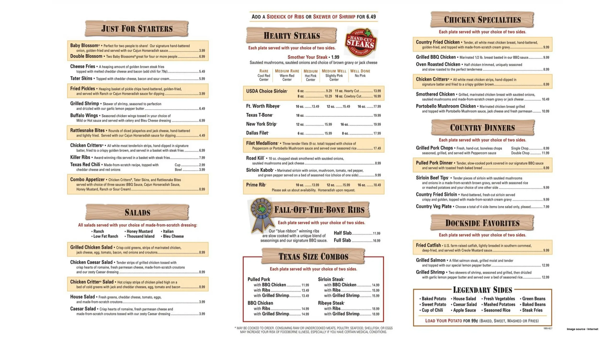 The image shows a menu from Texas Roadhouse, featuring a variety of options across different categories. These include starters like Baby Blossom and Fried Pickles, hearty steaks like USDA Choice Sirloin and Texas T-Bone, chicken specialties such as Country Fried Chicken and Grilled BBQ Chicken, along with country dinners, salads, and legendary sides like baked potatoes and steak fries. The menu also highlights Texas Size Combos and Dockside Favorites like Grilled Shrimp and Grilled Salmon.