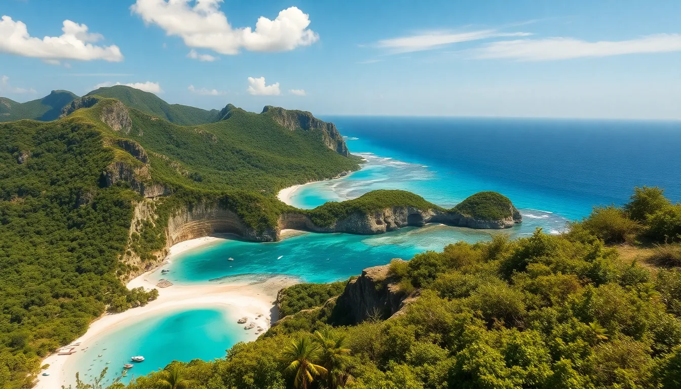 Aerial view of tropical coastline with turquoise water, white sand beaches, and lush green cliffs at Kelingking Beach in Nusa Penida, Indonesia